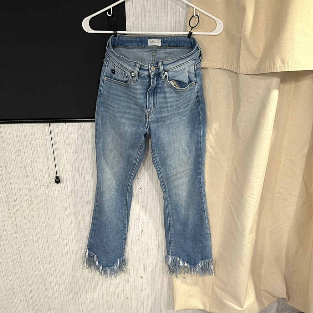 Gently used Kancan Distressed Fringe jeans size 1/24